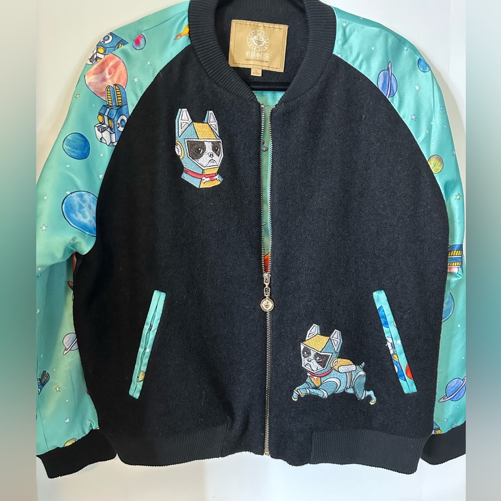 Unisex Elf sack  Black and Teal Space Dog Jacket SZ L letterman style jacket
